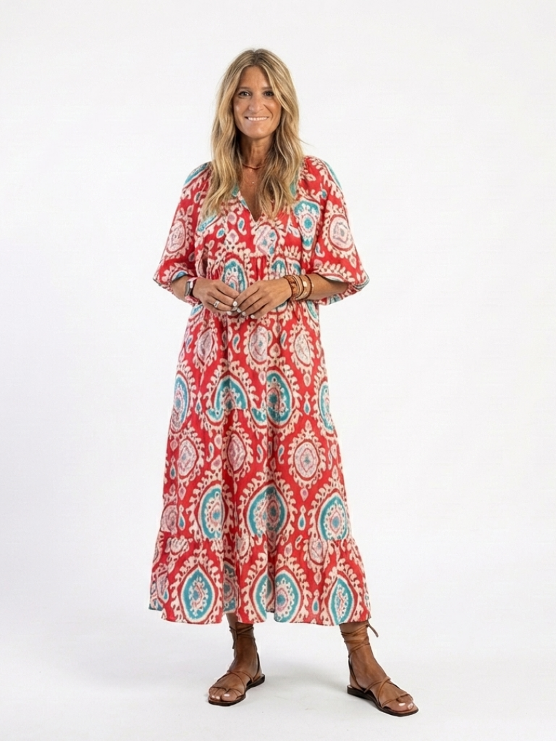 Marcelina™ – Sukienka midi z wzorem paisley, dekoltem V i krótkim rękawem