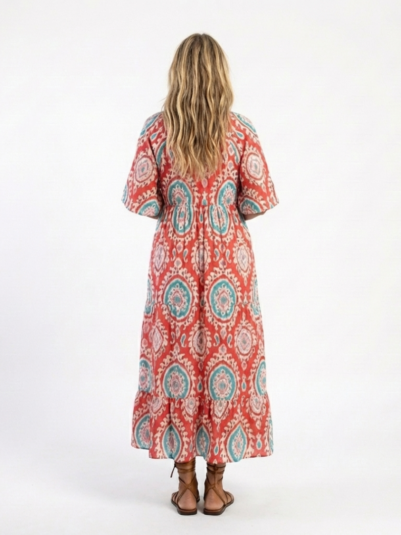 Marcelina™ – Sukienka midi z wzorem paisley, dekoltem V i krótkim rękawem