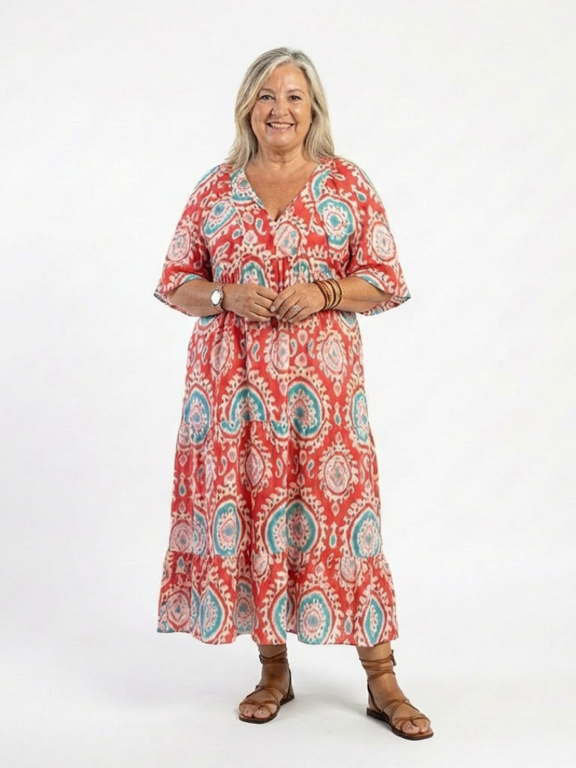 Marcelina™ – Sukienka midi z wzorem paisley, dekoltem V i krótkim rękawem