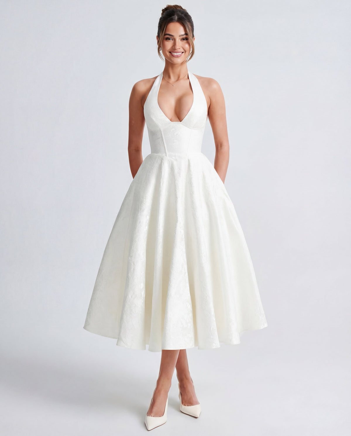 Tamara™ – Żakardowa sukienka midi z wiązaniem na szyi i gorsetową górą