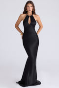 Ida™ – Czarna satynowa sukienka maxi halter z wycięciem